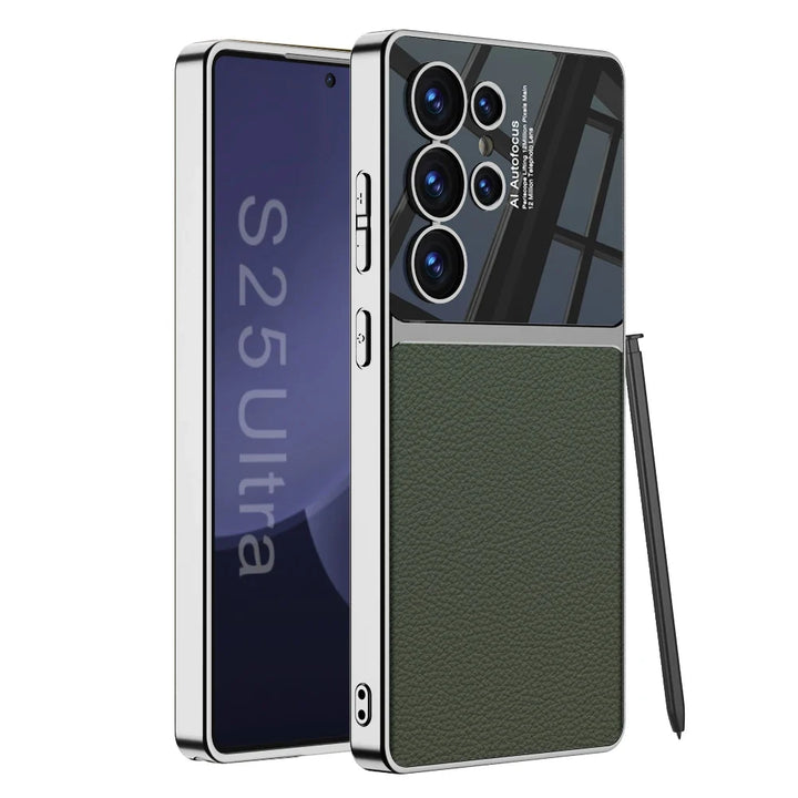 Svart mobildeksel i PU-lær med matt finish og subtil tekstur til Galaxy S24/S25 Ultra.