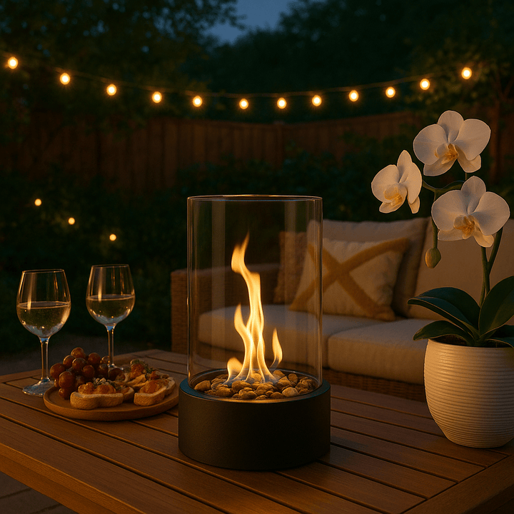 Koselig bordpeis i moderne design for stuen. Skaper varm atmosfære innendørs med røykfrie flammer.