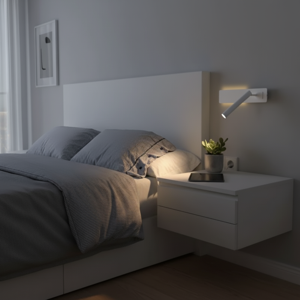 Justerbar LED leselampe for vegg, moderne interiør, fleksibel spotbelysning, perfekt for soverom og stue.