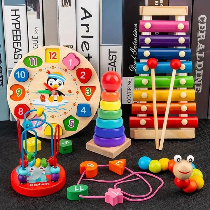 Fargerikt trelekesett for babyer. Montessori sensoriske leker utvikler finmotorikk og kognitiv læring.