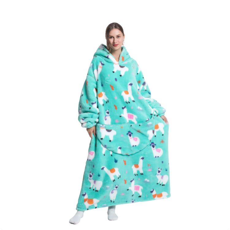 Hettegenser i flanell, oversized, med stor lomme for avslapning.