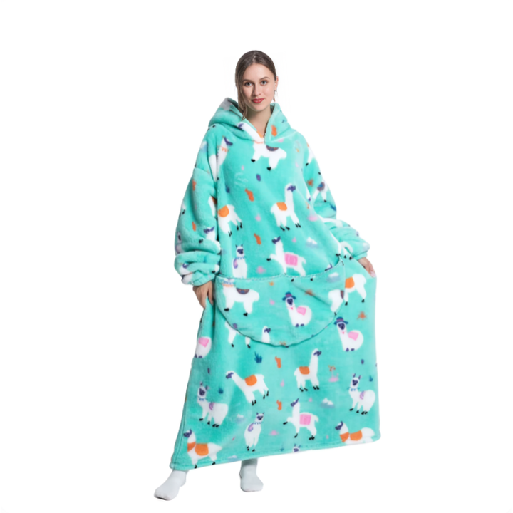 Hettegenser i flanell, oversized, med stor lomme for avslapning.