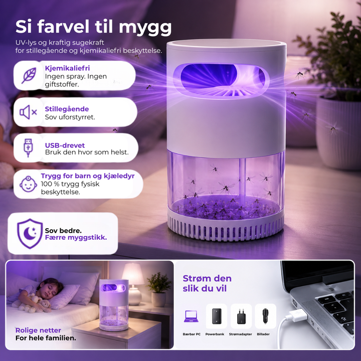 BuzzAway myggfelle med UV-lys og vifte som fanger mygg effektivt. Stille og kjemikaliefri myggbeskyttelse.