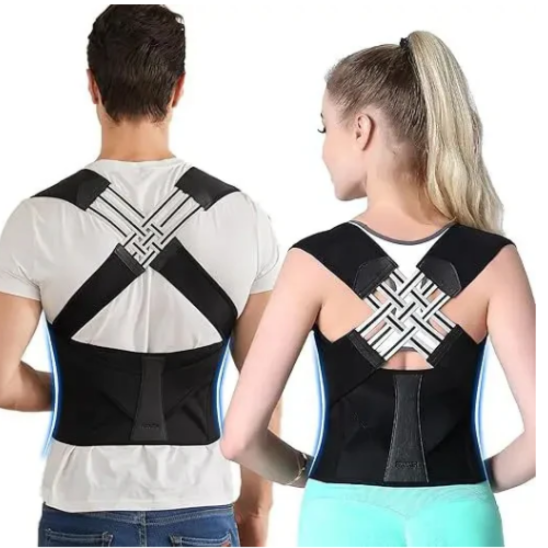 Svart unisex holdningsvest i polyester for ryggstøtte. Justerbar holdningskorrigerer mot ryggsmerter.