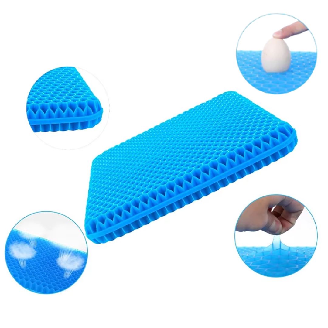 Blå ventilert gelsittepute for ergonomisk sittekomfort. Perfekt for kontor, bilsete, rullestol. Gir trykkavlastning.