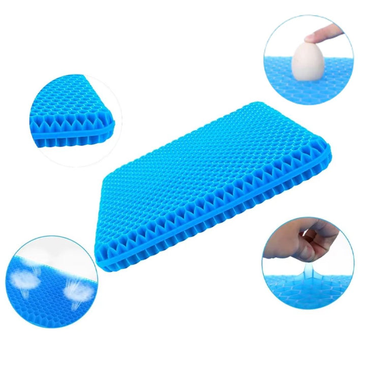 Blå ventilert gelsittepute for ergonomisk sittekomfort. Perfekt for kontor, bilsete, rullestol. Gir trykkavlastning.
