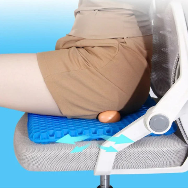 Ventilerende blå gelsittepute for optimal sittekomfort og avlastning. Ideell for kontorpute og bilsete.