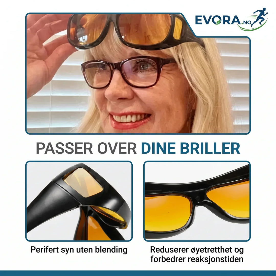 Detaljbilde av unisex nattkjørebriller, viser gul linse og robust ramme med anti-refleks.
