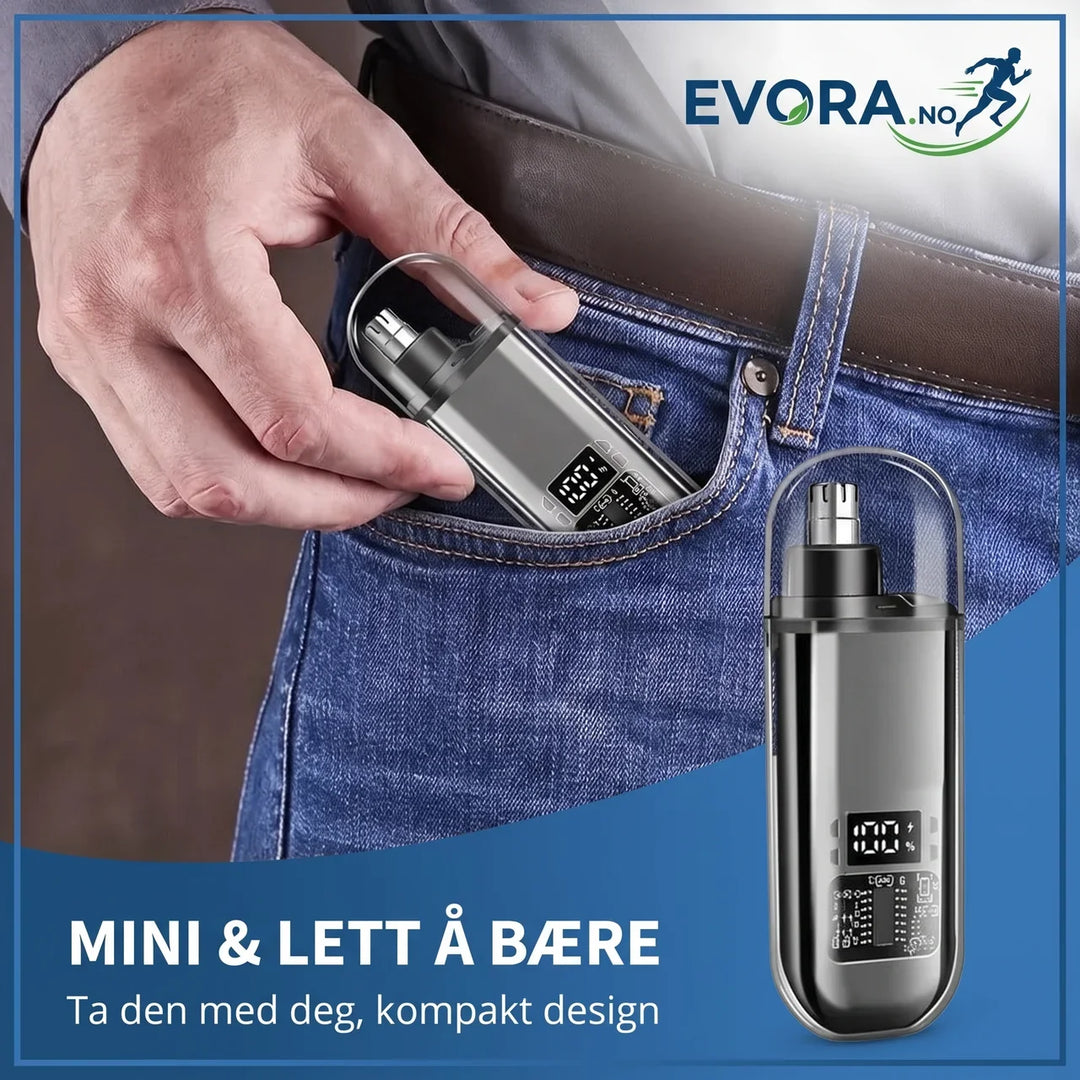 Unisex USB-C nesetrimmer med roterende blad for skånsom hårfjerning av nese, øre og bryn. Ideell for reise.