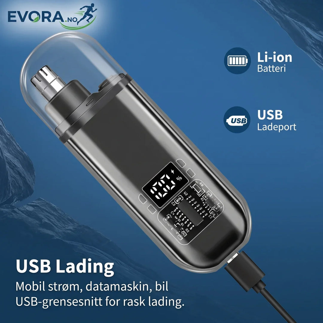 Effektiv USB-C oppladbar nesetrimmer. Roterende blad fjerner nesehår, ørehår og brynshår. Viktig for personlig pleie.