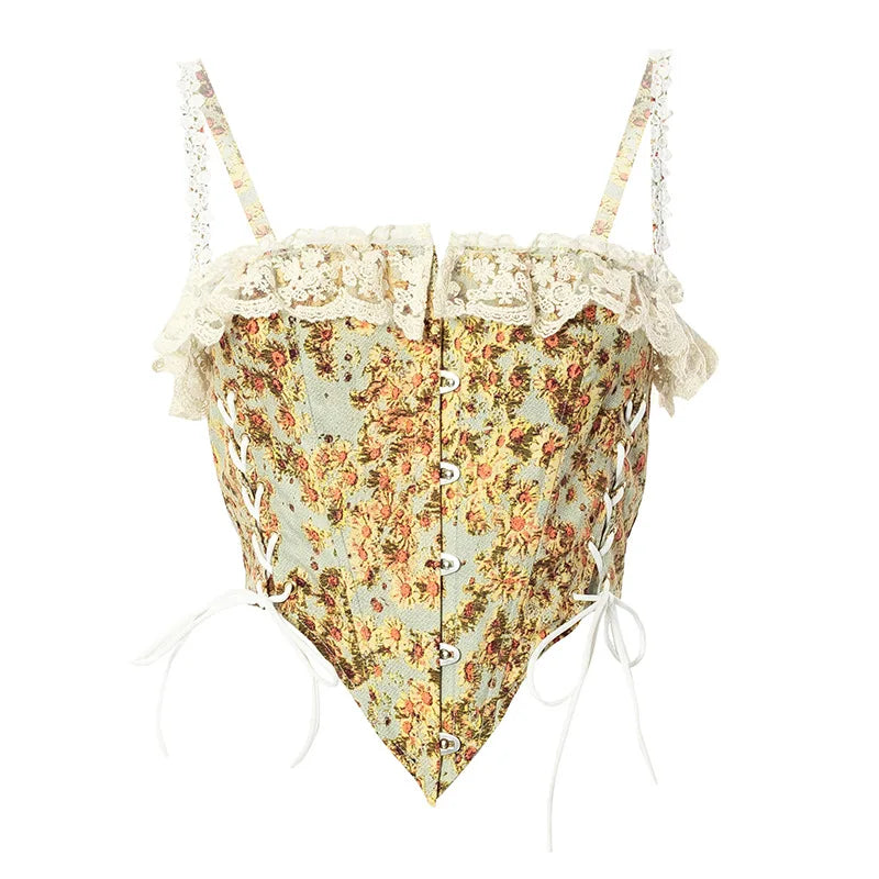 Kvinners blomstret korsett med snøring, blonder og vintage design. Mote topp for festlige anledninger.