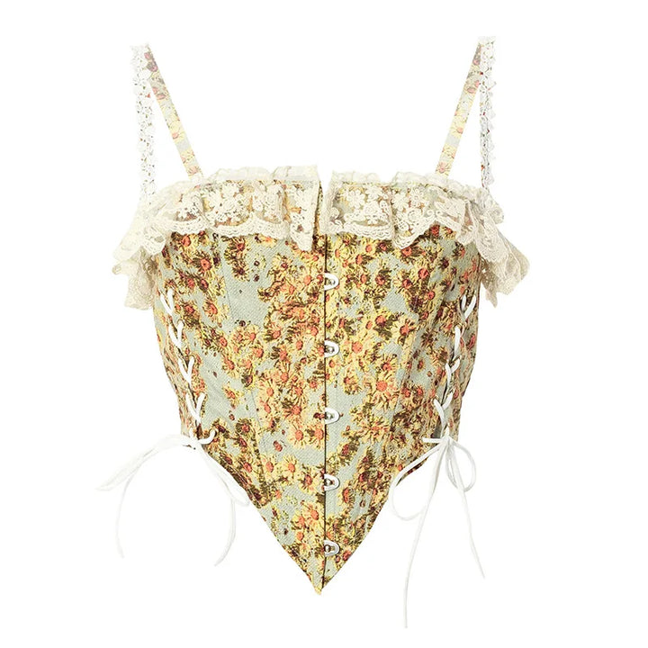 Kvinners blomstret korsett med snøring, blonder og vintage design. Mote topp for festlige anledninger.