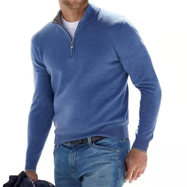 Menns langermet V-hals genser med glidelås. Casual og moderne pullover for menn.