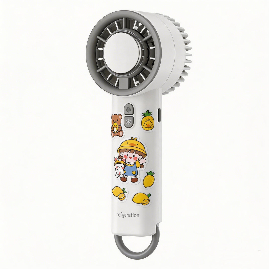 Kompakt USB-vifte med tegneserie-design. Bærbar og oppladbar håndholdt vifte for reise og varmt vær.