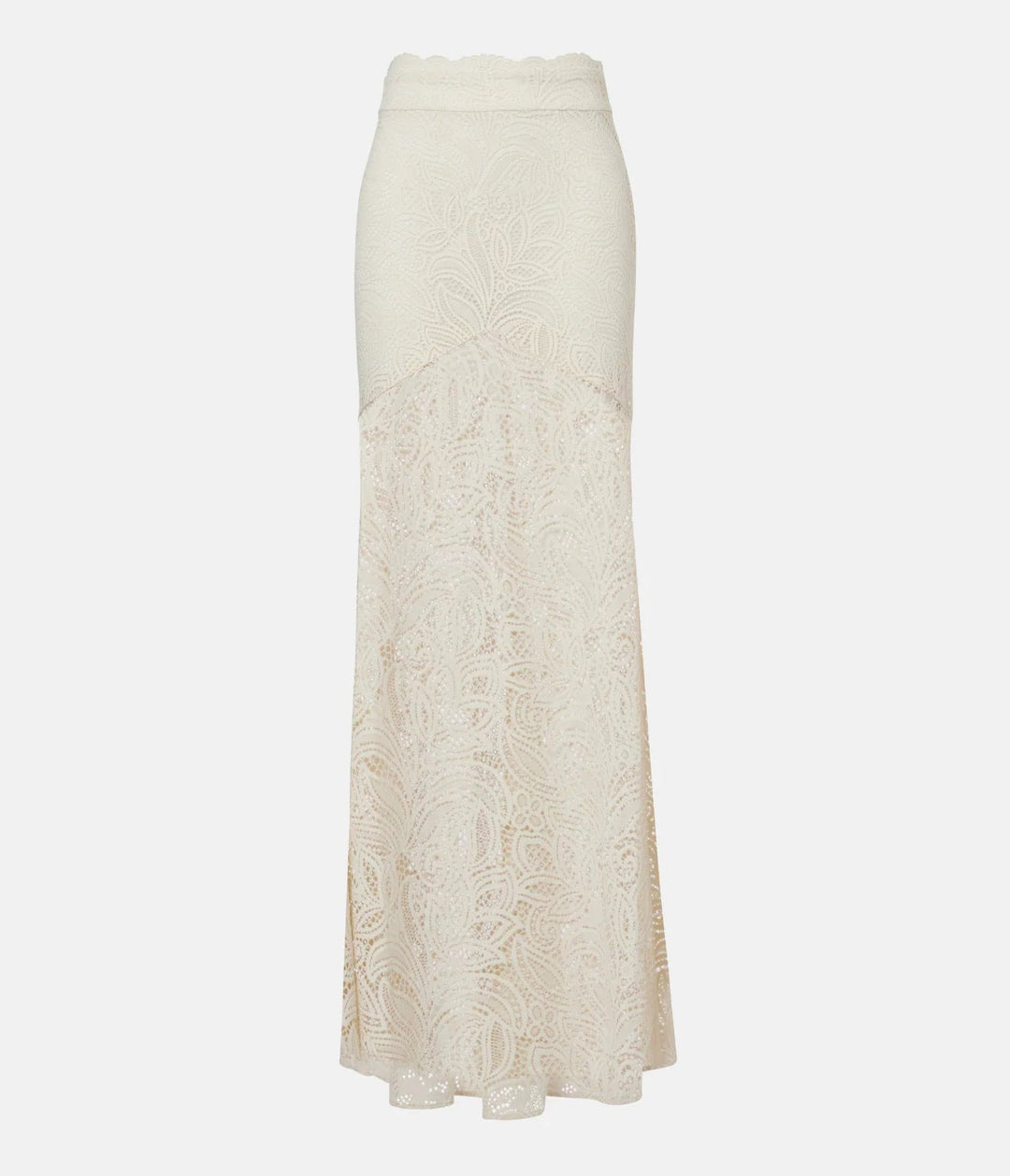 Stilig blondeskjørt med høy midje for kvinner, prydet med moderne blomsterbroderier, midi lengde.