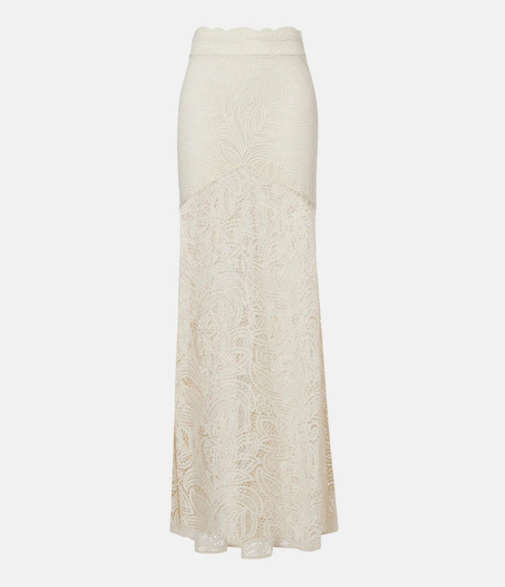 Stilig blondeskjørt med høy midje for kvinner, prydet med moderne blomsterbroderier, midi lengde.