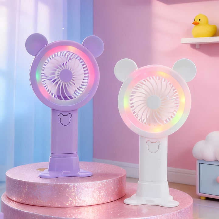Kompakt og fargerik USB vifte med LED-lys, perfekt for sommeren.