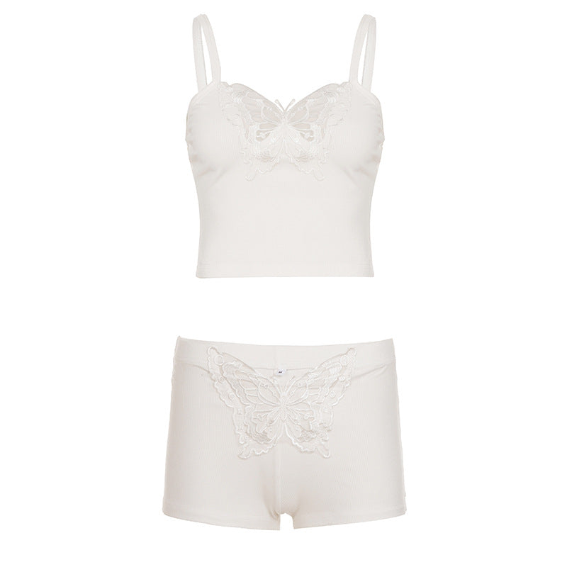 Dame nattøy shortssett i blonde med vakkert sommerfuglmønster, for avslappet hjemmekos.