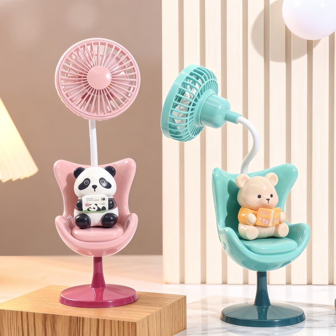 Bærbar mini vifte med søt panda-design for kvinner, perfekt for kjøling på farten. USB-drevet.