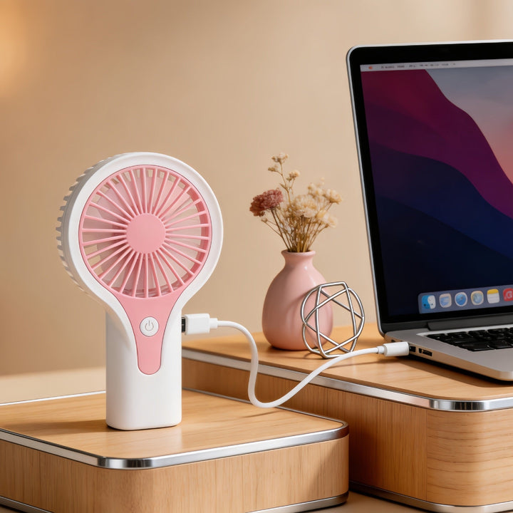 Blå USB-håndvifte med justerbar hastighet, gir bærbar og effektiv avkjøling under sommeraktiviteter.