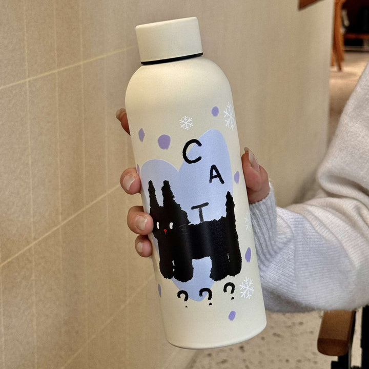 Svart Hello Kitty drikkeflaske, 500ml termos i rustfritt stål. Ideell gjenbrukbar studentflaske.