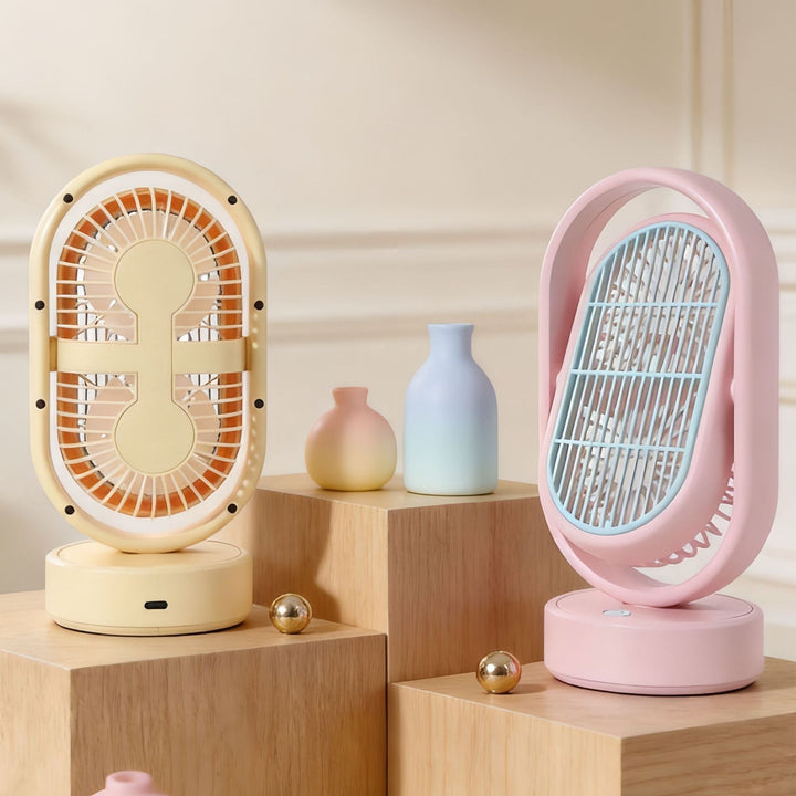 Elegant lilla/rosa bærbar vifte med stillegående drift. USB-drevet for personlig kjøling hjemme/kontor.