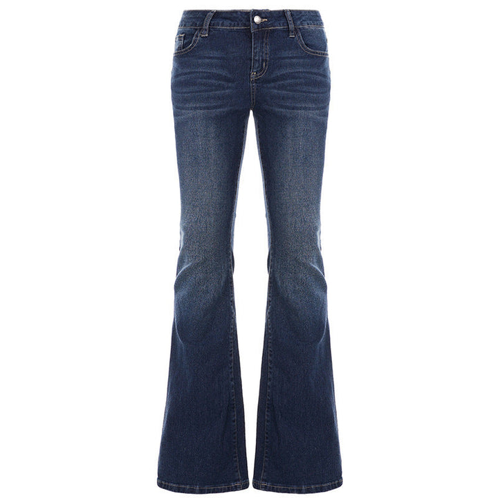 Dame schlagjeans med høy midje og trendy sleng. Komfortable, blå flared jeans for en moderne kvinne.
