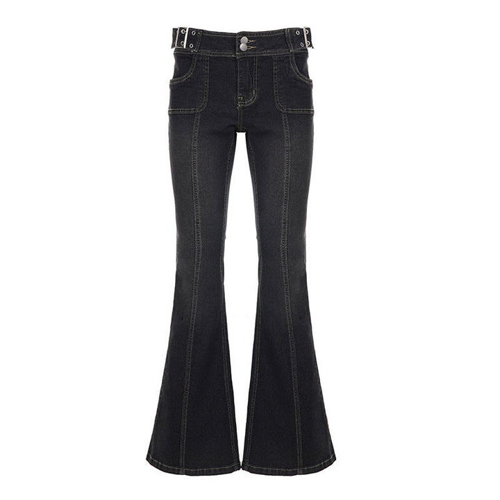 Bilde av justerbar midje på mørkeblå dame flared jeans, som sikrer komfort og god passform.