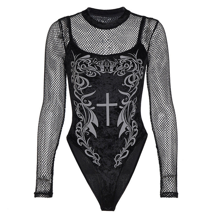 Svart langermet damebody i netting med dristig grafisk trykk, et elegant valg for festlige anledninger.