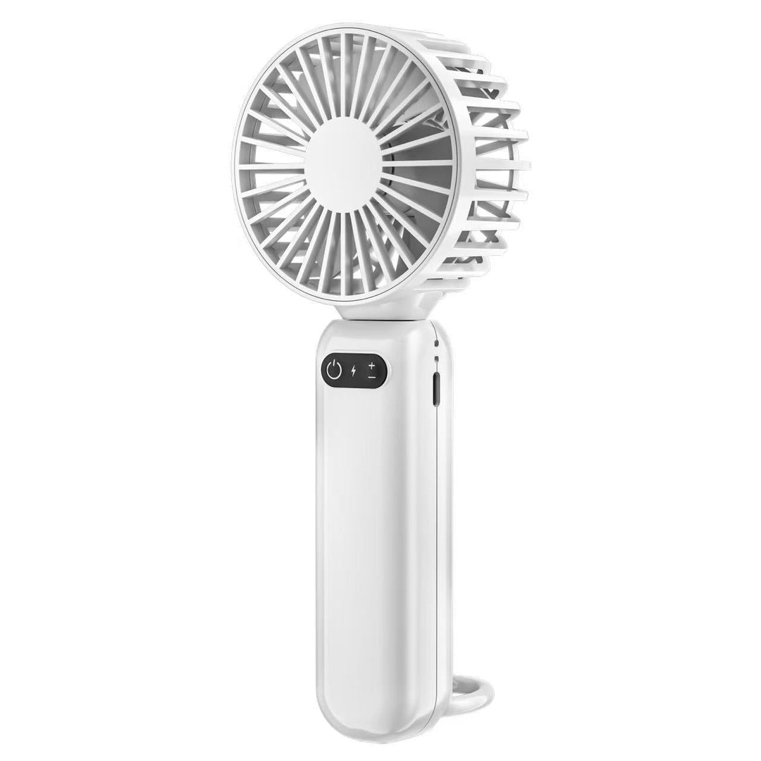 Elegant bærbar vifte for dame, enkel å lade via USB, gir sval luft på kontor og reise.