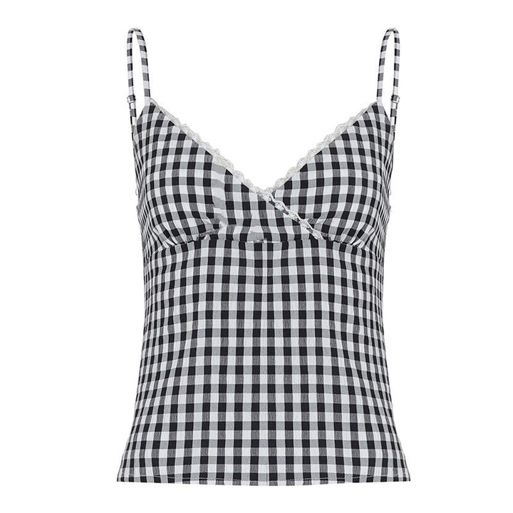 Casual kvinne topp: V-hals, vichy-rutet design, ermeløs og blondekant. Med justerbare stropper.