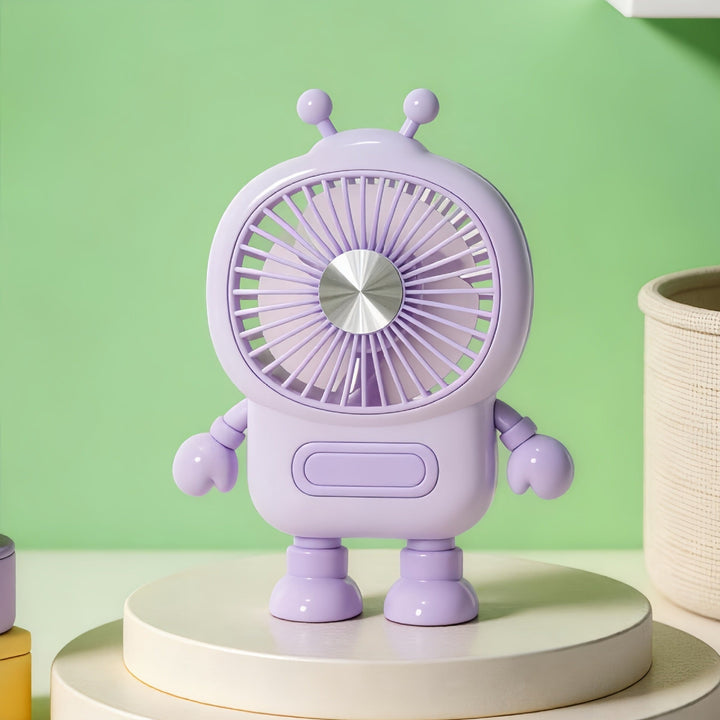Grønn mini-vifte med kreativt robotdesign, gir personlig kjøling for varme sommerdager.