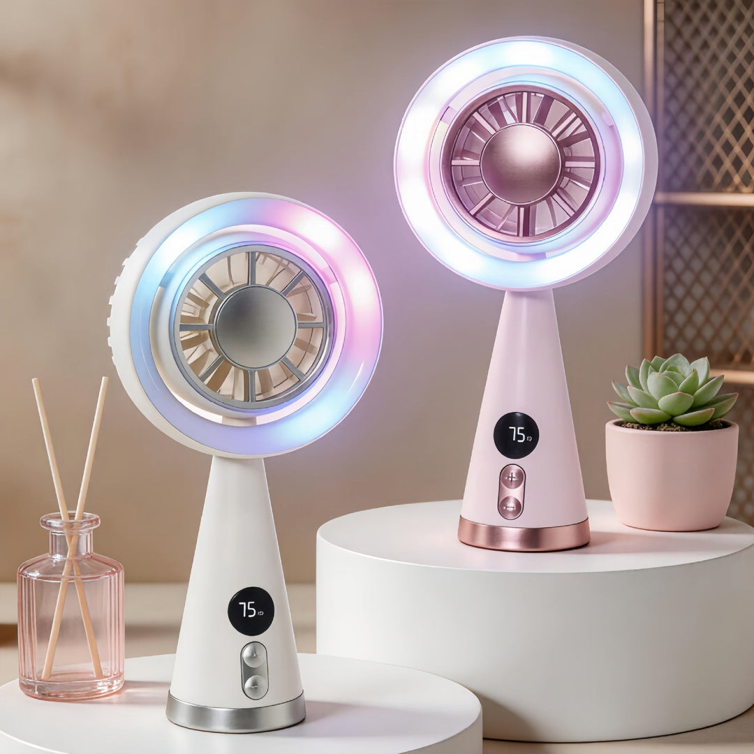 Bærbar håndvifte med RGB-lys, temperaturvisning og USB-lading for personlig kjøling, kompakt design.