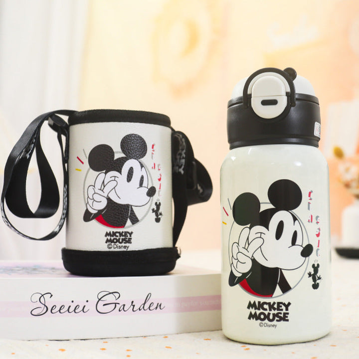 Unisex grå isolert drikkeflaske med Mickey Mouse-design og solid bærestropp, ideell for barn.