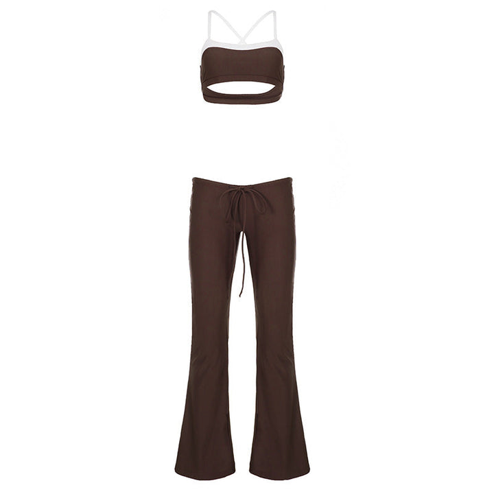 Trendy dame sommer sett, sporty crop topp og flared bukse. Komfortabel casual mote med justerbar midje.