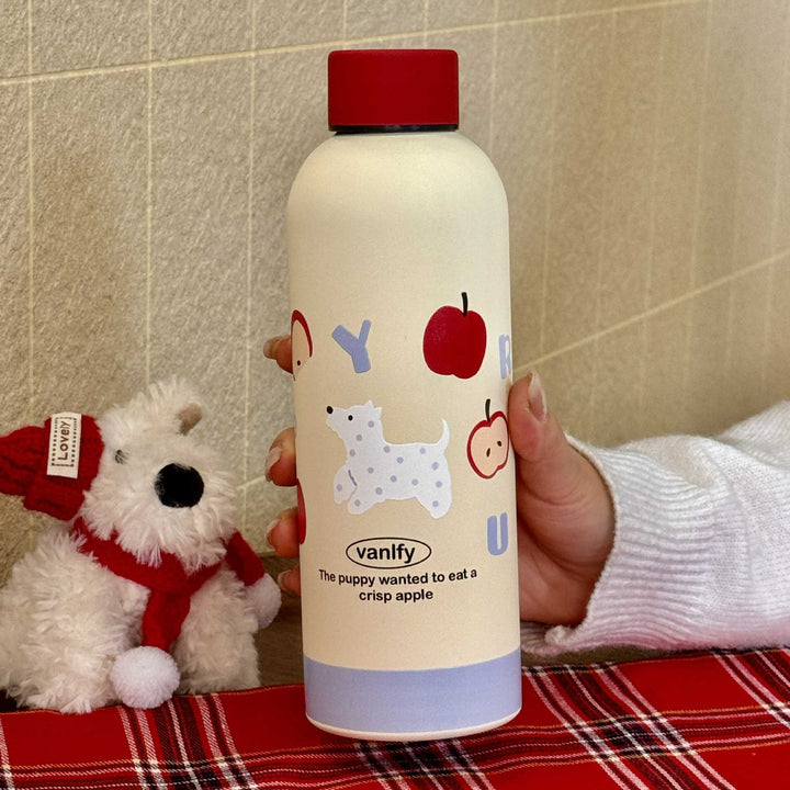 Svart isolert drikkeflaske med hundedekor, 500ml. Dame termos for kald/varm drikke. Gjenbrukbar.