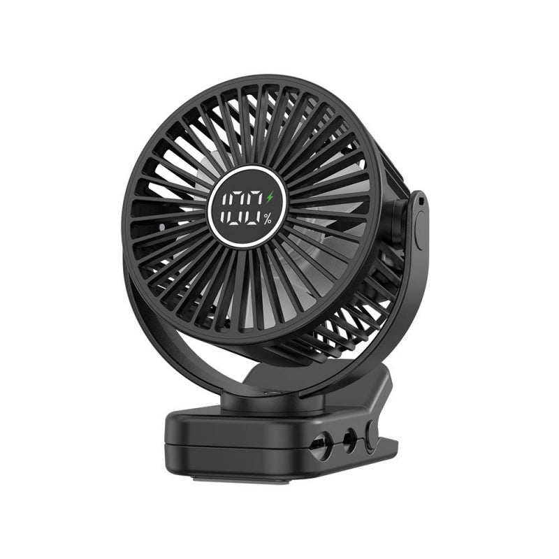 Hvit oppladbar USB klipsvifte for bord eller barnevogn, perfekt for sommer og personlig bruk.