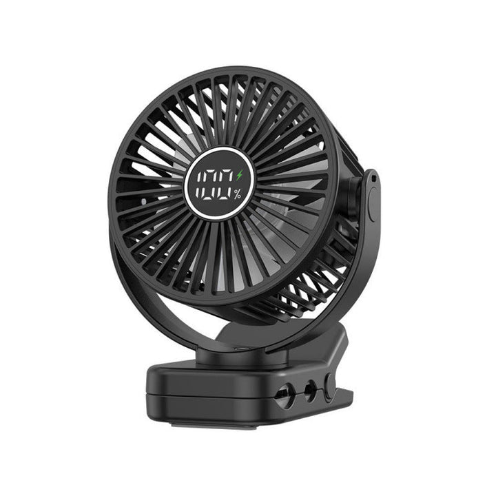 Hvit oppladbar USB klipsvifte for bord eller barnevogn, perfekt for sommer og personlig bruk.