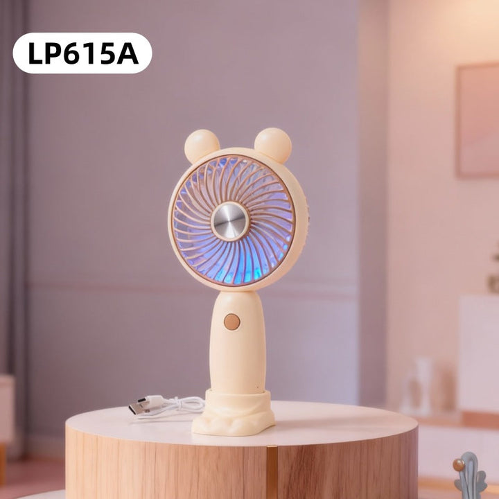 Kompakt personlig vifte for kvinner, med LED-lys for kjøling og som liten lommelykt.
