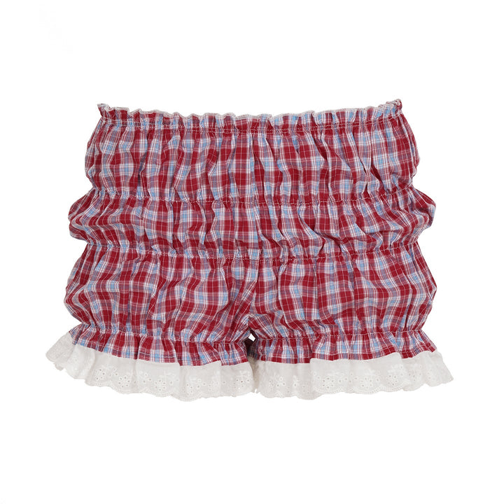 Allsidig dame shorts med rutemønster og rysjer, ideell for varme sommerdager og uformelle anledninger.