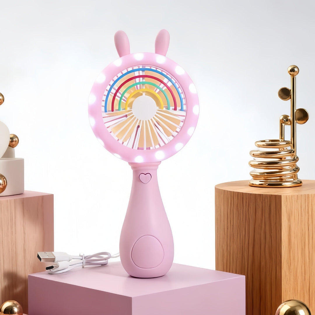 Bærbar personlig vifte med LED-lys i kanindesign, din kjølige følgesvenn for varme dager.