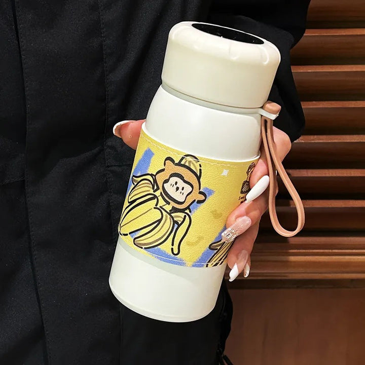 Dame termoflaske, 400ml, hvit med morsomt panda-design, ideell som vannflaske eller drikkeflaske.
