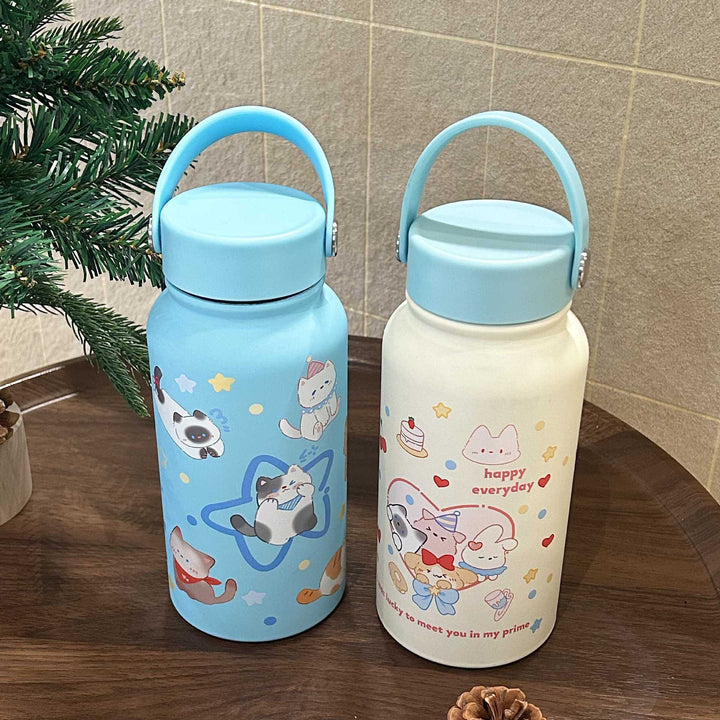 Dame drikkeflaske, 900 ml, blå med unikt dyremotiv. Lekkerfri termos for tur og trening, holder drikken kald/varm.