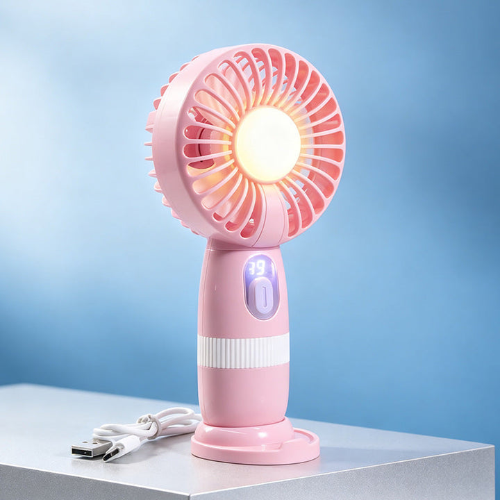 Allsidig bærbar vifte med USB-lading og klart LED-lys.
