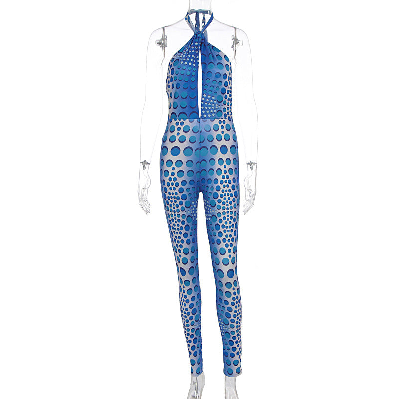 Komfortabel og chic bodycon jumpsuit til dame, med v-hals og unikt mønster. Ideell for en elegant sommerlook.