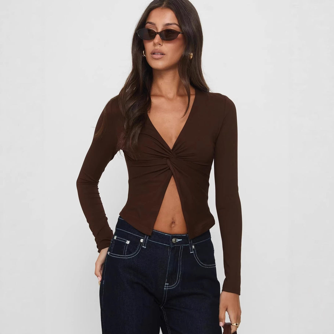 Brun dame langermet topp med elegant innpakningsdesign for hverdag og fest, komfortabel og allsidig stil.