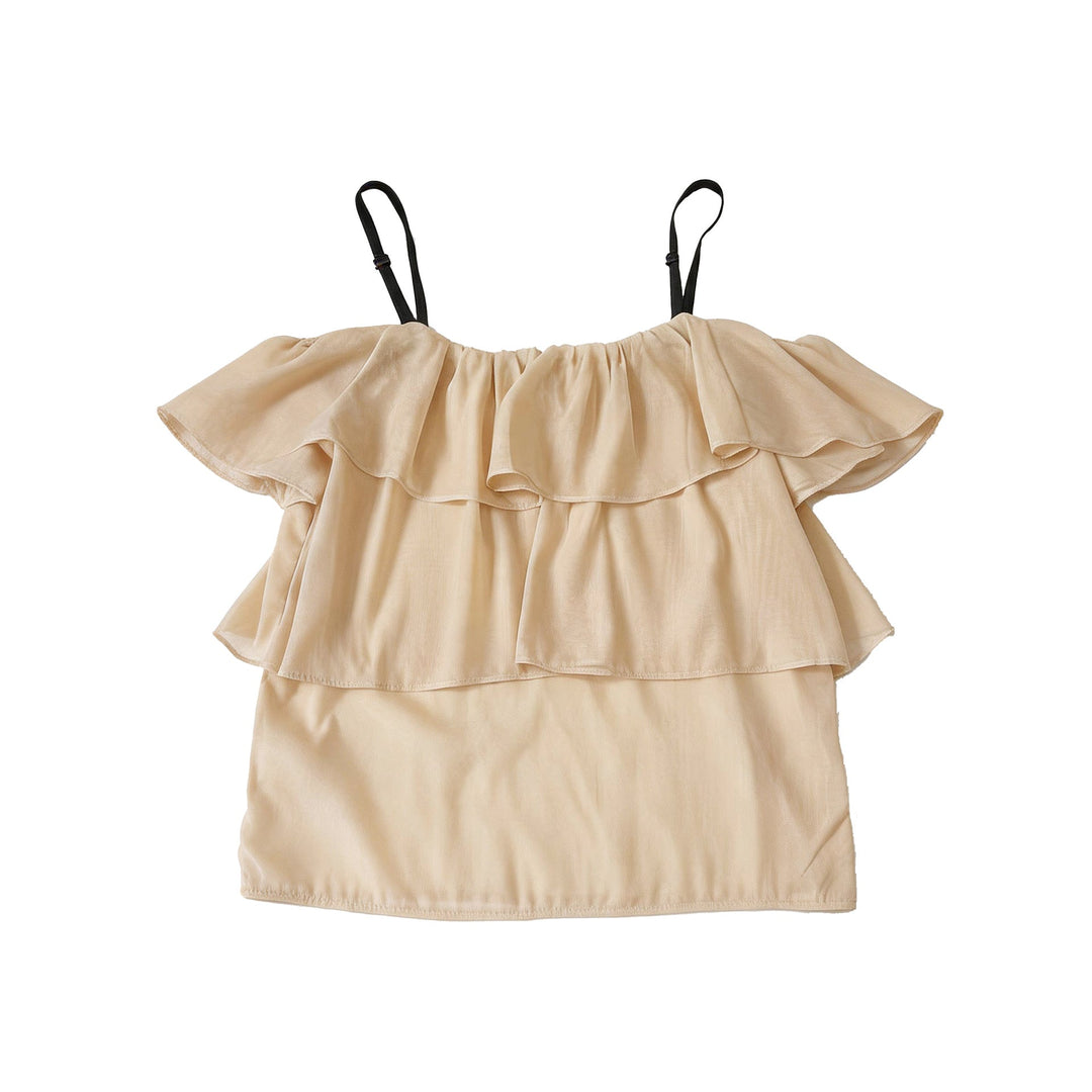 Luftig khaki sommertopp for dame, med volanger og elegant snitt. Perfekt for varme dager.
