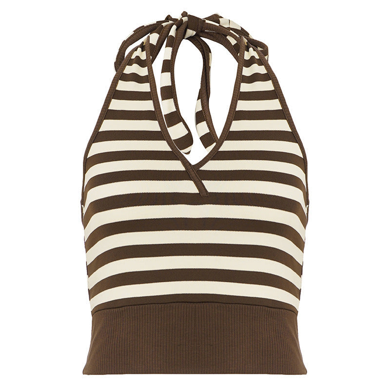 Naturfarget dame crop-top, sporty med V-hals, justerbar rygg og stilige kontraststriper; flott for trening og mote.