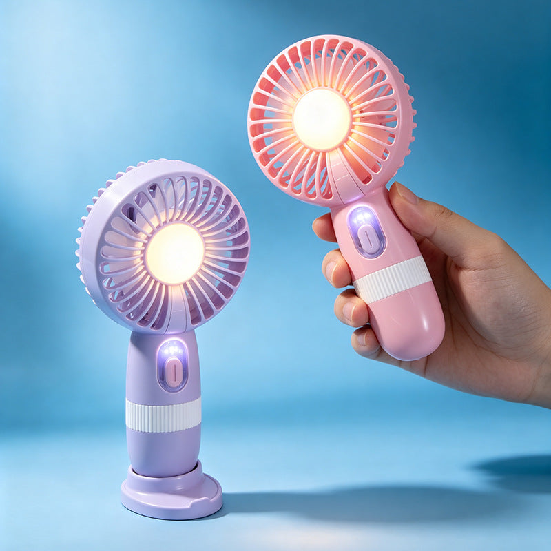 Elegant kvinnelig bærbar vifte, USB-oppladbar, med praktisk LED-lys og digital temperaturvisning.