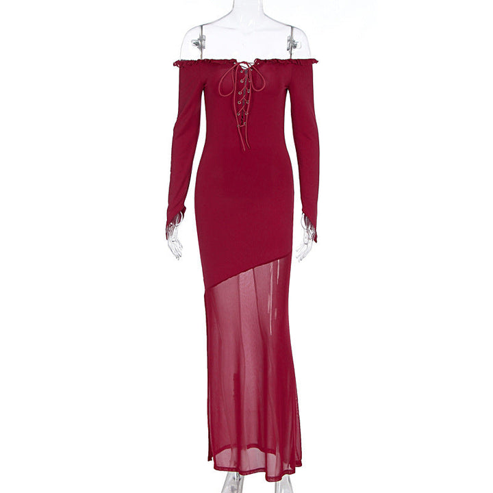 Trendy maxikjole for kvinner, off-shoulder med gjennomsiktig bunn. Ideell som elegant festkjole.